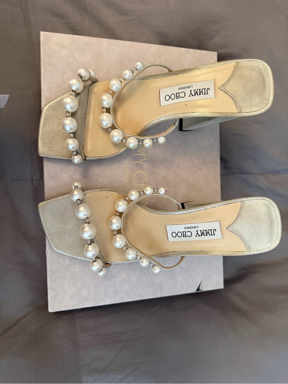 Jimmy Choo Pearl-Embellished Ivory Block Heel Sandals - Picture 3 of 8